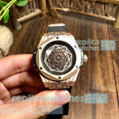 Copy Hublot Big Bang Sang Bleu 904L Rose Gold Bezel Watch